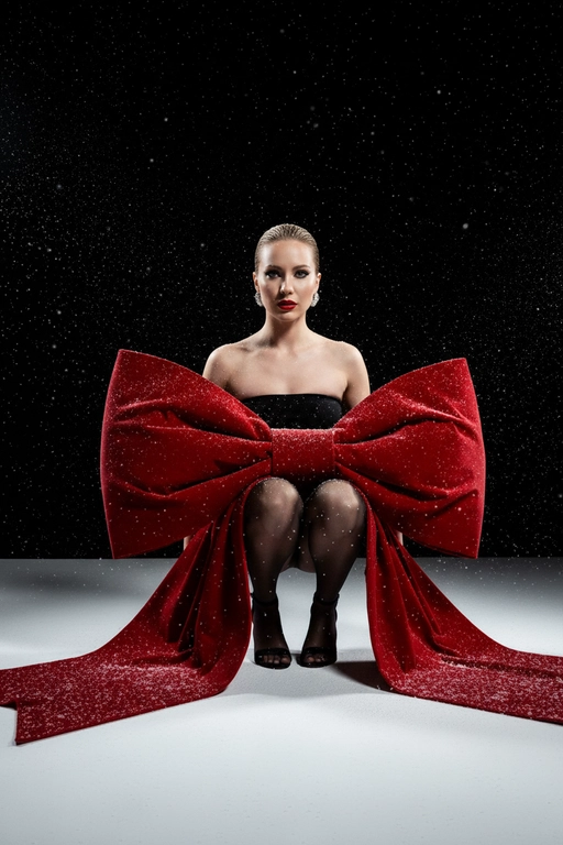 Создай изображение не меняя черты лица. Студийный портрет в стиле рождественской/новогодней модной кампании. Я в элегантной, присевшей позе, взгляд сфокусирован прямо в камеру. Огромный, гипертрофированно большой, роскошный бант из красного бархата, который обернут вокруг тела модели как кутюрный элемент одежды  с очень длинными, широкими ниспадающими концами, которые тянутся по полу. Бант и белый пол покрыты имитацией снега. Минималистичный черный топ без бретелей (bandeau) ,темные, полупрозрачные колготки, черные босоножки с открытым носом, на среднем каблуке. Гладко зачесанные назад волосы. Классический, выразительный макияж: яркая алая помада, четкие черные стрелки, хайлайтер. В ушах крупные, блестящие серьги-гвоздики.

Драматичное, контрастное студийное освещение (split lighting). Ярко освещенный белый пол/поверхность. Фон — глубокий черный, с эффектом динамично падающего яркого снега (snow dust effect).Фотография в высоком разрешении, гиперреализм, кинематографическое качество, профессиональный editorial-снимок для обложки Vogue, снято на камеру Hasselblad.