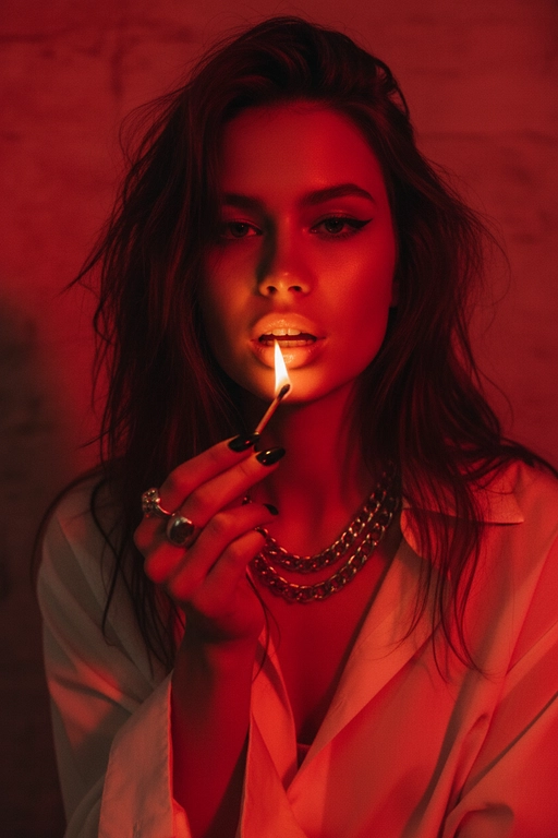 Используйте черты лица, как на прилагаемой фотографии.
смелый, кинематографичный портрет женщины, залитой темно-красным светом, которая подносит к губам зажженную спичку. Теплый отблеск пламени подчеркивает ее блестящие губы и создает эффектный отблеск на коже.
ее выражение ее лица напряженное и пленительное, обрамленное взъерошенными волосами, которые свободно ниспадают на лицо. На ней светлая рубашка и многослойные украшения, в том числе металлическая цепочка и крупные кольца. На ее длинных черных ногтях отражаются едва заметные блики света, усиливая мрачную, чувственную атмосферу. Красный фон и сдержанные тени придают глубину и визуальное напряжение, создавая эффектный образ в редакционном стиле.

Настройки камеры: iso 400, диафрагма f/2.0, выдержка затвора 1/160 сек, объектив 85 мм, ручная фокусировка, баланс белого 2800k, коррекция экспозиции -0,3 ev, подсветка одиночным пламенем с красной заливкой, минимальная зернистость, кинематографическое высококонтрастное освещение с плавными тональными переходами.