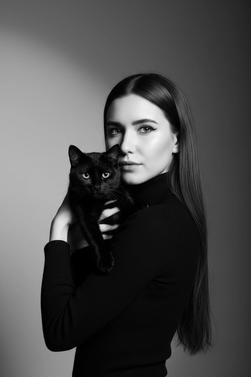 Высококонтрастный черно-белый портрет женщины в черной водолазке, держащей чёрную кошку у лица. Композиция напряжённая и интимная: оба персонажа смотрят прямо в камеру с одинаковой интенсивностью. Яркое и направленное освещение создаёт глубокие тени и подчёркивает контраст между их бледной кожей и тёмной шерстью кошки. Выражение её лица спокойное и уверенное, глаза подведены чётко, а гладкие прямые волосы естественно ниспадают на одно плечо. Фон - градиент от серого к темно-серому. Общее настроение таинственное, элегантное и кинематографичное, напоминающее портрет из модного журнала с готическим подтекстом.