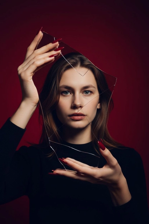 Создай фото для человека на предоставленном фото. Не меняй черты лица. Осколок разбитого зеркала держат изящные руки с длинными красными маникюром, отражая лицо человека. Выражение её лица серьёзное и выразительное. Фон — плавный градиент тёмно-красного цвета для эффектного контраста. Кинематографическое освещение с глубокими тенями, резкий фокус на глазах, сюрреалистичный и художественный стиль модной фотографии.