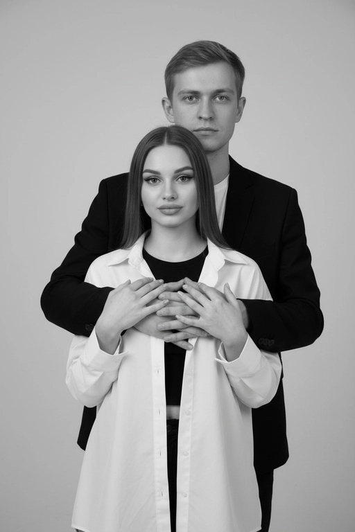 Черно-белый портрет мужчины и женщины в стиле фэшн фотосессии в фотостудии. Не изменяйте лица. Фон нейтральный, однотонный, светло-серый. Атмосфера интимная и спокойная. На переднем плане женщина. Вся композиция выполнена в приглушенной монохромной гамме со студийным освещением, которое подчеркивает текстуру кожи и одежды. Её руки лежат на груди мужчины. Мужчина обнимает женщину сзади, положив свою руку поверх её руки. Она одета в черный топ, белую оверсайз рубашку. Мужчина одет в  классическом черном пиджаке и белой футболке.
