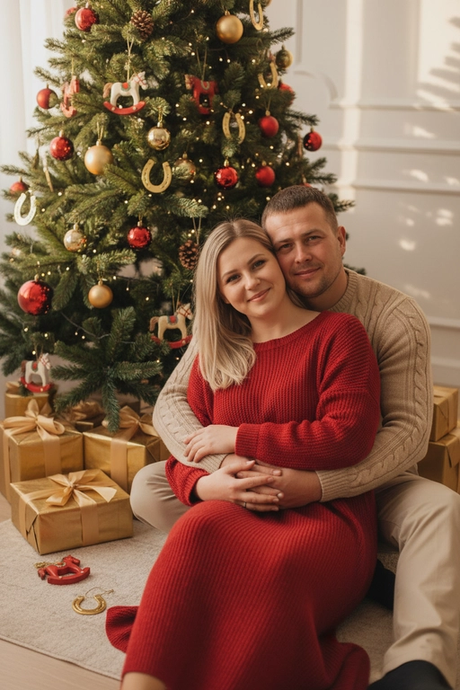 Используй предоставленные изображения и создай фото из домашней новогодней фотосессии. Не меняйте черты лица. . В кадре мужчина и женщина, они сидят на полу в обнимку, улыбаются и смотрят в камеру. Мужчина обнимает женщину сзади за талию. На женщине надето вязаное длинное платье с длинными рукавами. На мужчине вязаный свитера и штаны. На заднем плане стоит наряженная елка с игрушечными шарами, игрушечными лошадками, игрушечными подковами. Под елкой разложены подарочные коробки, перевязанные золотыми лентами. Рядом с парой лежат несколько елочных игрушек как на елке. Фотография выполнена в теплой цветовой гамме. Атмосфера уютная и праздничная. цвет платья девушки- красный, цвет свитера и штанов мужчины - бежевый.
Лица оставить естественными