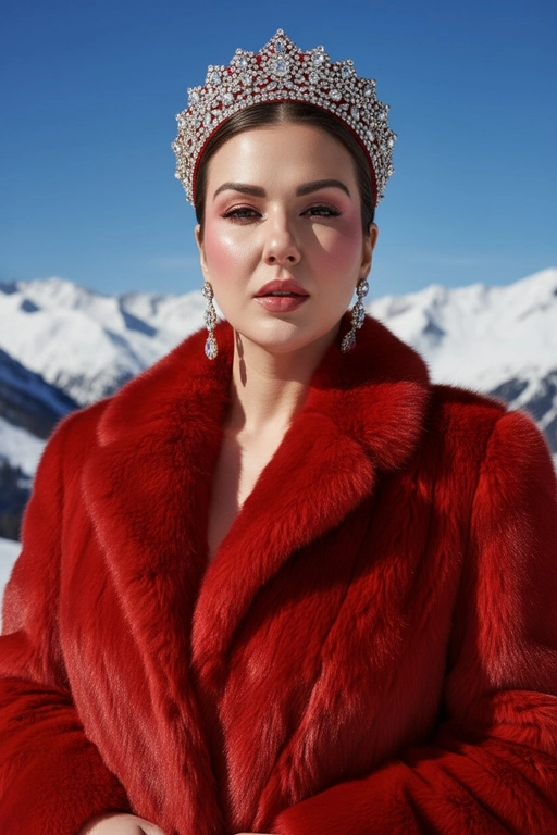 Создай портрет на открытом воздухе в стиле высокой моды, вдохновлённый редакционной фотографией Vogue. Человек элегантно позирует на фоне заснеженных гор под ярким солнечным светом. На заднем плане кинематографический альпийский пейзаж с чистым небом и свежим воздухом. Модель одета в роскошную красную шубу с плотной текстурой, украшенная детализированным ювелирным головным убором похожий на кокошник и подходящими серьгами, которые сверкают на свету. Кожа светящаяся, губы слегка приоткрыты, макияж с ярким румянцем и глянцевым финишем. Освещение яркое, насыщенное и кинематографическое, подчёркивающее контраст между красной шубой и холодными тонами заснеженных гор. Стиль: мода Vogue, высокая мода, ультрареализм, богатая цветовая палитра, разрешение 8К, естественный солнечный.