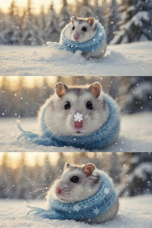     Коллаж из 3-Х фото моего питомца на зимнем фоне в снегу. Питомец в вязаном шарфе, вокруг падает снег, на заднем плане заснеженный лес.

Первый кадр — питомец в полный рост. Он играется со снегом 

Второй кадр — крупный план, увеличенный кадр мордочки питомца с одной снежинкой на носике. Мордочка питомца занимает весь кадр, взгляд прямо в камеру 
 
Третий кадр - портрет питомца, он смотрит в левую сторону. На фото виден шарф, на шарфу есть снежинки 

Три кадра объединены в вертикальный коллаж в едином тоне и свете. Атмосфера — реалистичная, теплая и немного кинематографичная.
Свет мягкий, утренний. Цвет шарфа - голубой
