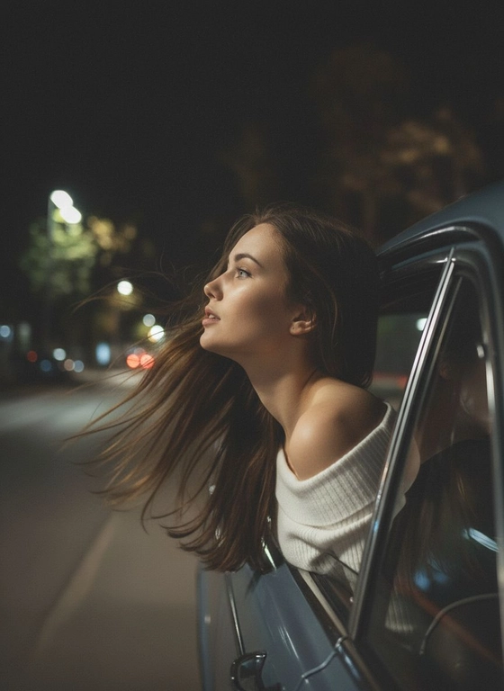 Создайте фото, где я высунула голову из окна машины в тёмную, мечтательную, размытую, винтажную ветреную ночь, в белом трикотажном топе с открытыми плечами. ракурс боковой. Голова чутка откинута назад. Машина в движении.  Выражение лица мечтательное, губы немного приоткрыты. Волосы развеваются в движении. Сохраните детали лица в точности. Пожалуйста, не изменяйте черты лица и оставь таким, какое оно есть.