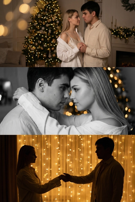 Создай новогодний кинематографичный коллаж, состоящий из трёх горизонтальных кадров друг под другом. Вечер, приглушенный свет, тёплый свет гирлянд, мягкое боке, уютная домашняя атмосфера. 

Кадр 1 (верхний): широкий план. Пара у украшенной новогодней ёлки.
Одежда: девушка в лёгкой белой рубашке, надетой свободно на шелковый топ на тонких бретельках, слегка сползающей с плеч; парень — в светлой рубашке бежево-молочного оттенка. Слабый свет гирлянд, мягкие тени, спокойный романтичный момент.

Кадр 2 (средний): крупный чёрно-белый портрет. Их лица близко, мягкое боке позади. Одежда: те же свободные рубашки, видны только верхние части — мягкая ткань, естественные складки, домашний уют. 

Кадр 3 (нижний): силуэтный кадр на фоне ярких огней. Пара тянется друг к другу. Одежда: светлые рубашки, расстёгнутые манжеты, мягко подсвеченные гирляндами. Золотой свет, много боке, тёплое новогоднее настроение.

Стиль: тёплый, нежный, интимный, романтичный, кинематографичный.