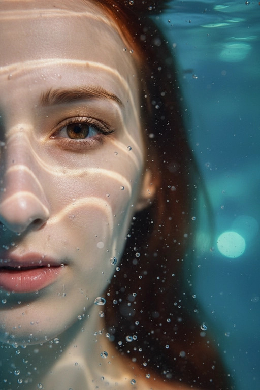 Гиперреалистичный, сверхдетализированный
макропортрет, на котором запечатлена только левая половина человеческого лица, погруженного под воду. Один глаз находится в резком фокусе у крайнего левого края кадра. Лучи света создают динамичные блики на коже, подчеркивая поры, влажные губы, ресницы и тонкие текстуры, создавая эффект реалистичного рассеивания под поверхностью. Капли и пузырьки воздуха придают глубину и подвижность.
Кинематографическое подводное освещение с мягкими тенями и четкими бликами усиливает сюрреалистическую, сказочную атмосферу.
Чрезвычайно малая глубина резкости, фотореалистичный рендеринг. Не меняй внешность, полностью сохрани черты лица.