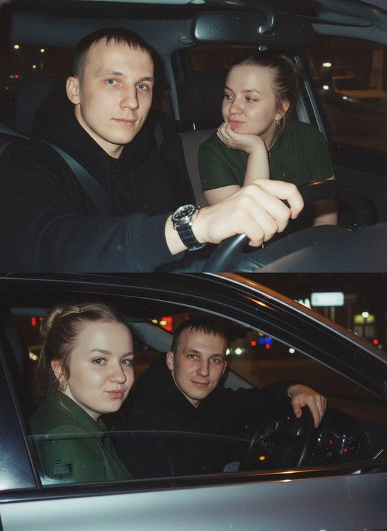 Используй предоставленные изображения и создай коллаж из двух фото, одно под другим. Первое фото сверху: Ночное фото в салоне автомобиля: мужчина за рулем смотрит вперед, его рука с часами на руке. Женщина на пассажирском сиденье, слушает его подперев щеку рукой. Съемка в стиле папарацци с эффектом зернистой пленки, атмосфера интимная. Второе фото: Девушка и парень смотрят в камеру Ночное фото папарацци крупным планом: мужчина за рулём и женщина на пассажирском сиденье смотрят в камеру. Женщина с ухмылкой и губами бантиком, мужчина слегка улыбается, положив руку на руль. Съёмка через пассажирское окно, сочетание ночного света и вспышки, эффект зернистой плёнки.