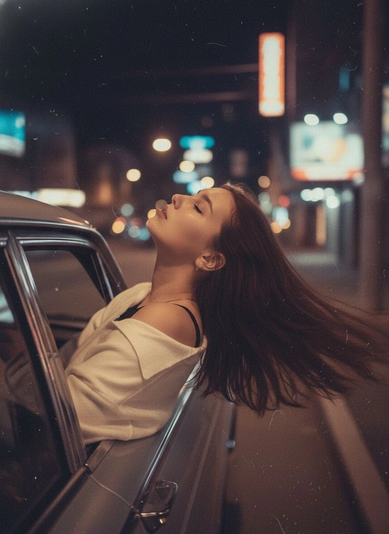 Создайте фото, где я высунула голову из окна машины в тёмную, мечтательную, размытую, винтажную ветреную ночь, в белом трикотажном топе с открытыми плечами. ракурс боковой. Голова чутка откинута назад. Машина в движении.  Выражение лица мечтательное, губы немного приоткрыты. Волосы развеваются в движении. Сохраните детали лица в точности. Пожалуйста, не изменяйте черты лица и оставь таким, какое оно есть.