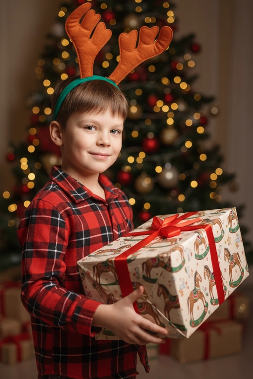 Используйте отправленную мной фотографию в качестве референса. Камера снимается немного выше уровня глаз, глядя прямо на модель, охватывая от середины груди и выше.  На изображении человек держит подарочную коробку  (размер 50х500х50 сантиметров) с крышкой, перевязанную красной лентой. На коробке нарисованные игрушечные лошадки. На фоне размытая рождественская или новогодняя елка. Лицо в три четверти (3/4), Модель в красной пижамной рубашке в клетку. Смотрит в камеру с легкой улыбкой, как будто предвкушая открыть свой подарок. 

Освещение выполнено по принципу софтбокса, но с более сильным, концентрированным основным светом для создания интенсивного свечения, сохраняя при этом мягкие тени, которые подчёркивают черты лица человека. 
Гиперреалистичная детализация, передающая каждый нюанс красоты, выражения лица и сложную текстуру волос, кожи и одежды. Атмосфера новогоднего праздника.  На голове у ребенка рождественский ободок с коричневыми оленьими рогами
