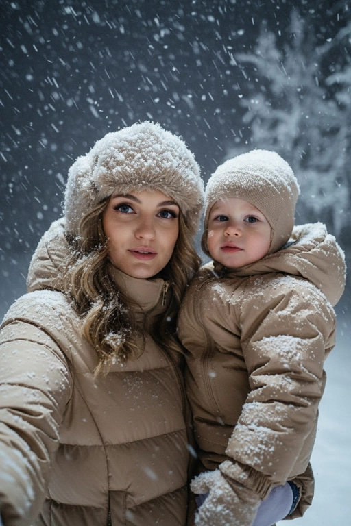 Селфи крупным планом, сделанное ночью на улице во время сильного снегопада. У женщины выразительные волосы и выразительные глаза, на ресницах и волосах которой лежат снежинки. На ней зимняя шапка из искусственного меха, почти полностью покрытая снегом, и пуховая куртка, припорошённая снегом на плечах и воротнике.
Освещение: мягкий холодный ночной свет сверху и немного спереди, создающий лёгкое свечение на щеках и лёгкие блики на куртке.
Поза: она держит камеру чуть ниже уровня глаз, уверенно снимая своё лицо снизу вверх; губы слегка приоткрыты, выражение лица спокойное, но выразительное. Фон: тёмное зимнее ночное небо, едва заметные ветви деревьев, слегка покрытые инеем, минимальная видимость для создания драматического настроения. Атмосфера: холодная, кинематографичная, с чистой зимней энергией; стильный современный снежный портрет с естественной текстурой и деталями. Шапки и куртки у всех бежевого цвета. Родители держат ребёнка по середине между собой. Все смотрят в камеру. 