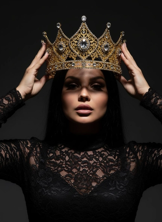 Модный портрет женщины крупным планом, стоящей прямо перед камерой, со слегка приподнятым подбородком. Она держит двумя руками почти над головой искусно выполненную корону с богатым филигранным орнаментом и крупными сверкающими драгоценными камнями. Корона находится в резком фокусе, отбрасывая тень на лицо. Освещение падает сверху, подчёркивая корону и создавая драматичный, контрастный эффект. Тёмная тень на лице усиливает ощущение таинственности и элегантности. Её платье – из тонкого чёрного кружева с высоким воротом. Фон темный, усиливая драматизм. Корона цвета желтого золота.