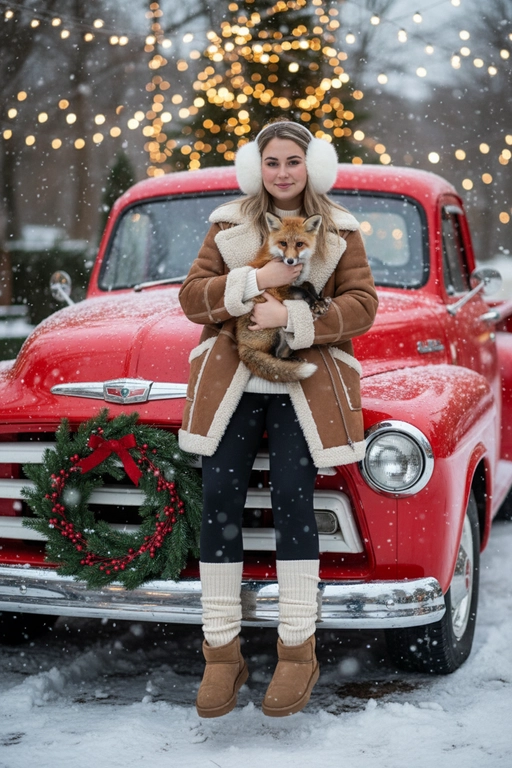 Портрет молодой женщины, сидящей на кузове винтажного красного грузовика. Девушка держит на руках животное. На ней коричневая дубленка с белой окантовкой из овчины по воротнику, манжетам и карманам, под дубленкой белый свитер с горловиной, черные лосины тканевые без блеска, на ногах укороченные, высотой до щиколоток коричнево-бежевые угги на платформе и кремовые гетры до середины икр, выглядывающие из уггов. 
Девушка смотрит в камеру, на ее лице легкая улыбка. 

На грузовике — праздничный рождественский венок. На земле лежит снег.

Мягкий снег падает. Атмосфера — реалистичная, теплая и немного кинематографичная. Сияющие рождественские огоньки и украшения создают яркую теплую атмосферу. Разрешение 8K, акцент на текстуру одежды, снег и сверкающие огоньки на заднем фоне. —ar 3:4 —v.

Не меняй черты лица.  На голове девушки белые зимние меховые наушники. Держит на руках рыжую лису