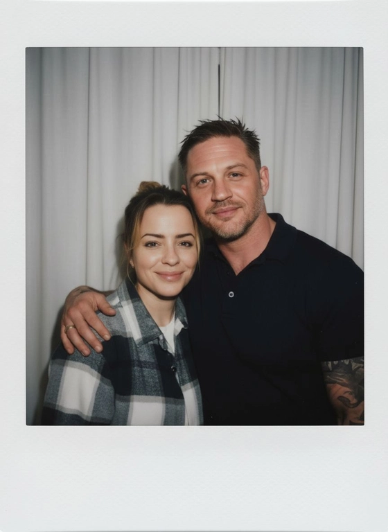 Take a picture with a Polaroid camera. the photo should look like a normal photo, without any clear subject or props. The photo should have a consistent light source such as a flash from a dark room, spread throughout the photo. Do not change the faces. Replace the background behind the two people with a white curtain. Люди на фото позируют вместе, улыбаясь в камеру.