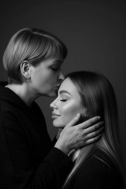 Профессиональное студийное фото, чёрно-белый крупный портрет взрослой женщины и второго человека (это ее сын или дочь). Камера очень близко, объектив 85mm, f/2.0, малая глубина резкости, фокус на ресницах младшего. Боковой ракурс 3/4 слева: старшая выше, в профиль, целует младшего в центр лба. Её обе руки обрамляют лицо младшего, пальцы по бокам щёк, большие под ушами. Младший тоже в профиль с лёгкой улыбкой и закрытыми глазами. Гладкий тёмный фон, мягкий свет слева под 45°, глубокие тени, высокий контраст, реалистичная текстура кожи, отсутствие шума, качество как у профессионального фотографа. Лица должны быть полностью узнаваемыми, соответствовать исходным референсам без искажений, без изменения пропорций и черт.