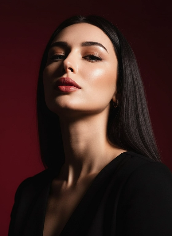 Создай портрет, используя те же черты лица (на основе загруженного фото), характеризующийся резким кинематографическим освещением и интенсивным контрастом. Снятый с немного нижнего ракурса, направленного вверх, что подчеркивает линию подбородка и шеи модели, этот портрет производит впечатление доминантности и скульптурной элегантности. Фон — глубокий, насыщенный малиново-красный, создающий яркий визуальный контраст со сияющей кожей модели и темной одеждой.