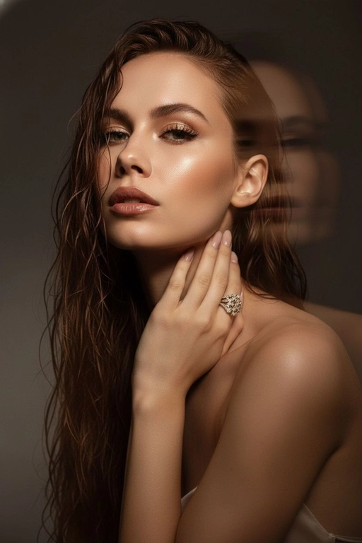 Создайте портрет женщины с длинными, волнистыми, влажными волосами, свободно ниспадающими на плечи, некоторые пряди прилипают к лицу. Она чувственно смотрит в камеру, слегка откинув голову назад, словно наслаждаясь мгновением покоя или чувственности. Её рука нежно лежит на шее, на пальце – эффектное сверкающее кольцо. Плечи опущены. Тёмный, почти однотонный и размытый фон подчёркивает силуэт и лицо женщины. Весь образ мастерски передан с помощью размытия в движении и световых бликов, которые создают ощущение естественного, сказочного движения головы и руки. Мягкие, тёплые тона, лёгкое свечение кожи и губ создают интимную, чувственную и таинственную атмосферу. Эффекты: размытие в движении, художественная длительная выдержка, тёплые тона, атмосфера сновидения. Макияж выразительный: длинные чёрные ресницы, бежевые тени с лёгким мерцанием, выразительные контуры и румяна, безупречная кожа и пухлые губы с нюдовым блеском и тёмно-коричневым карандашом для губ. Ухоженные брови с эффектом Bravenlifting. Длинные, заостренные ногти. Реалистичное фото, как будто снято на профессиональную камеру. Сохраните черты лица такими, какие они есть.