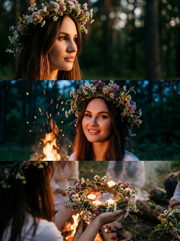 Create a photo triptych consisting of three separate panels.
Top panel: A close-up of a woman's face in semi-profile, with a soft background and texture. Her gaze is directed to the right, creating a thoughtful atmosphere. Her hair is carefully arranged, creating a sunny appearance. A wreath of delicate flowers is encircled within the composition. The lighting is warm and soft, creating a cozy atmosphere. The background is slightly blurred, adding mystery and complexity to the image.
Middle panel: A close-up of the woman's face, looking upward, with lighting that adds texture to her skin. The woman looks directly at the viewer, smiling sincerely and with an open expression. The wreath of flowers appears vibrant and unusual, creating a festive atmosphere. In the foreground, a bonfire sways realistically, sparks rising into the air, adding dynamism. The colors are balanced and rich, creating a unique impression. In this way, I convey the charge of a ritual, immersing the viewer in an atmosphere of magic.
Bottom panel: A close-up of a girl's hands holding a wreath of flowers and candles. The candles glow softly, creating a romantic atmosphere. The twilight is beautifully depicted, with a subtle glow that creates detail. The shot is taken from an interesting angle, allowing you to see some of the girls and the surrounding nature. The lighting is natural, with a slight haze adding a sense of mystery and romance.
Overall: The mood is natural, warm, and magical. All the elements harmonize to create a vibrant atmosphere. The use of soft lighting and attention to detail make the image expressive and memorable
