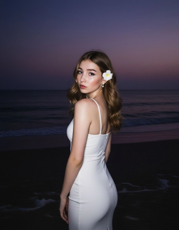 Сделай фото, будто я на пляже, где темно, но кто-то сфотографировал меня со вспышкой, и мое лицо немного блестит и светится, заднем плане закат, как будто солнце село на 98%, оставив фиолетовый оттенок, и само по себе почти темно. Фото сделано из-за моей спины, как будто  мне сказали, повернуться. Я в белом облегающем платье с цветком, заправленным в волосы. Волосы должны развеваться так, как будто дует слегка ветер.