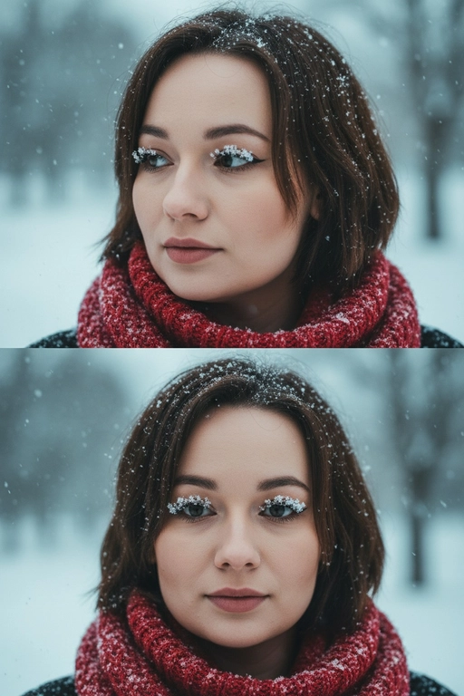 Создай коллаж из двух кадров человека, снятых крупным планом на улице зимой. Камера расположена близко, чтобы в кадре были видны лицо, шея и часть одежды. Главный акцент — на лице, глазах и снежинках, которые легли на волосы и ресницы.

Освещение мягкое, естественное, как в пасмурный зимний день. Вокруг падает лёгкий снег, отдельные снежинки чётко видны в воздухе и на коже. Фон — мягко размытый, с холодными оттенками (бело-голубой, серо-синий).

Первый кадр — человек смотрит в сторону, выражение мягкое, задумчивое, естественное. Крупный план лица, видно часть красного шарфа.
Второй кадр — прямой взгляд в камеру, нейтральное или лёгкое выражение лица, ресницы в снегу. Крупный план лица, видно часть красного шарфа.

Кожа чистая и естественная, без ретуши, текстура лица и губ сохранена. Фото выглядят как профессиональная зимняя портретная съёмка крупным планом, с эффектом свежести и спокойствия.

Оба кадра объединены в вертикальный коллаж в едином тоне и свете. Атмосфера — реалистичная, теплая и немного кинематографичная.