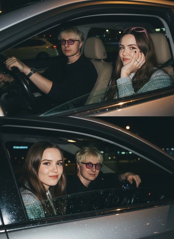 Используй предоставленные изображения и создай коллаж из двух фото, одно под другим. Первое фото сверху: Ночное фото в салоне автомобиля: мужчина за рулем смотрит вперед, его рука с часами на руке. Женщина на пассажирском сиденье, слушает его подперев щеку рукой. Съемка в стиле папарацци с эффектом зернистой пленки, атмосфера интимная. Второе фото: Девушка и парень смотрят в камеру Ночное фото папарацци крупным планом: мужчина за рулём и женщина на пассажирском сиденье смотрят в камеру. Женщина с ухмылкой и губами бантиком, мужчина слегка улыбается, положив руку на руль. Съёмка через пассажирское окно, сочетание ночного света и вспышки, эффект зернистой плёнки.