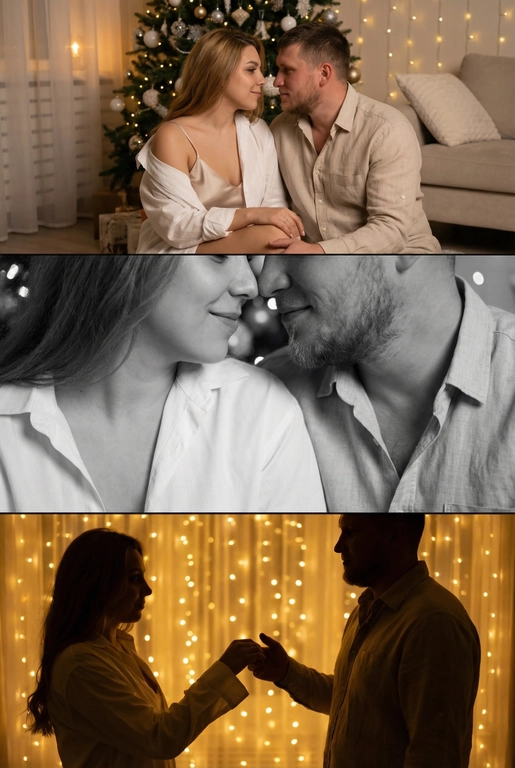 Создай новогодний кинематографичный коллаж, состоящий из трёх горизонтальных кадров друг под другом. Вечер, приглушенный свет, тёплый свет гирлянд, мягкое боке, уютная домашняя атмосфера. 

Кадр 1 (верхний): широкий план. Пара у украшенной новогодней ёлки.
Одежда: девушка в лёгкой белой рубашке, надетой свободно на шелковый топ на тонких бретельках, слегка сползающей с плеч; парень — в светлой рубашке бежево-молочного оттенка. Слабый свет гирлянд, мягкие тени, спокойный романтичный момент.

Кадр 2 (средний): крупный чёрно-белый портрет. Их лица близко, мягкое боке позади. Одежда: те же свободные рубашки, видны только верхние части — мягкая ткань, естественные складки, домашний уют. 

Кадр 3 (нижний): силуэтный кадр на фоне ярких огней. Пара тянется друг к другу. Одежда: светлые рубашки, расстёгнутые манжеты, мягко подсвеченные гирляндами. Золотой свет, много боке, тёплое новогоднее настроение.

Стиль: тёплый, нежный, интимный, романтичный, кинематографичный.