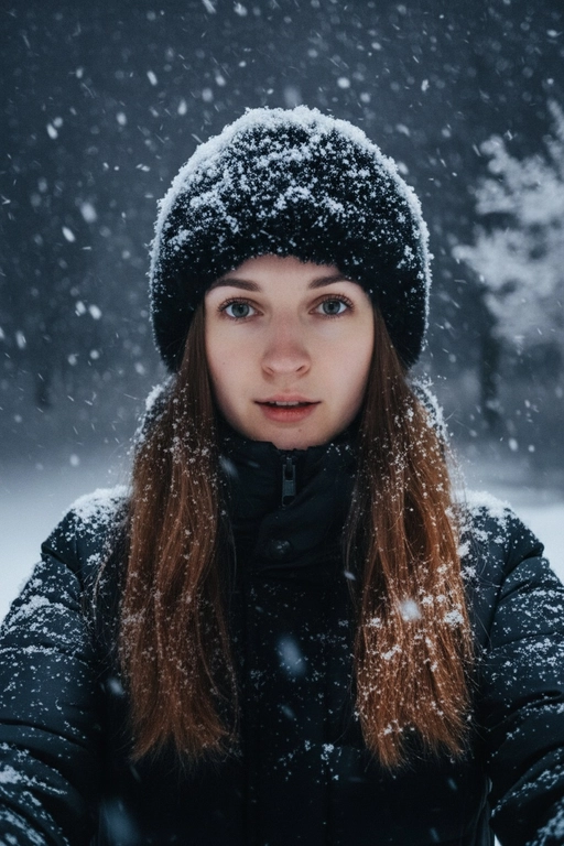 Селфи крупным планом, сделанное ночью на улице во время сильного снегопада. У женщины выразительные волосы и выразительные глаза, на ресницах и волосах которой лежат снежинки. На ней зимняя шапка из искусственного меха, почти полностью покрытая снегом, и пуховая куртка, припорошённая снегом на плечах и воротнике.
Освещение: мягкий холодный ночной свет сверху и немного спереди, создающий лёгкое свечение на щеках и лёгкие блики на куртке.
Поза: она держит камеру чуть ниже уровня глаз, уверенно снимая своё лицо снизу вверх; губы слегка приоткрыты, выражение лица спокойное, но выразительное. Фон: тёмное зимнее ночное небо, едва заметные ветви деревьев, слегка покрытые инеем, минимальная видимость для создания драматического настроения. Атмосфера: холодная, кинематографичная, с чистой зимней энергией; стильный современный снежный портрет с естественной текстурой и деталями. Шапка и куртка черного цвета. Волосы как на загруженном фото. Лицо максимально похоже как на загруженном фото 