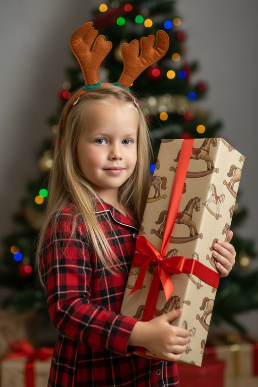 Используйте отправленную мной фотографию в качестве референса. Камера снимается немного выше уровня глаз, глядя прямо на модель, охватывая от середины груди и выше.  На изображении человек держит подарочную коробку  (размер 50х500х50 сантиметров) с крышкой, перевязанную красной лентой. На коробке нарисованные игрушечные лошадки. На фоне размытая рождественская или новогодняя елка. Лицо в три четверти (3/4), Модель в красной пижамной рубашке в клетку. Смотрит в камеру с легкой улыбкой, как будто предвкушая открыть свой подарок. 

Освещение выполнено по принципу софтбокса, но с более сильным, концентрированным основным светом для создания интенсивного свечения, сохраняя при этом мягкие тени, которые подчёркивают черты лица человека. 
Гиперреалистичная детализация, передающая каждый нюанс красоты, выражения лица и сложную текстуру волос, кожи и одежды. Атмосфера новогоднего праздника.  На голове у ребенка рождественский ободок с коричневыми оленьими рогами