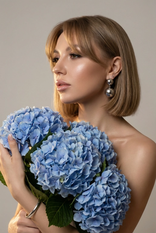 Создайте ультрареалистичный портрет, не меняя черты лица, крупным планом 3/4, с мягкой, освещённой кожей, атласной отделкой и естественным блеском, где женщина изображена в профиле. Спокойное и чувственное выражение лица, губы слегка полуоткрыты. Она носит серебряные серьги-шары и простой серебряный браслет на запястье.
Фон нейтральный, в светло-сером тоне, с тёмным, целенаправленным низким угловым освещением, которое подчёркивает контур лица, текстуру кожи и объём волос. Стиль редактирования — высокая мода, чёткий фокус 8K, реалистичная текстура, изысканная и элегантная атмосфера.


Каре с челкой-шторкой 

Цветы: Держит в руках огромный букет голубых гортензий