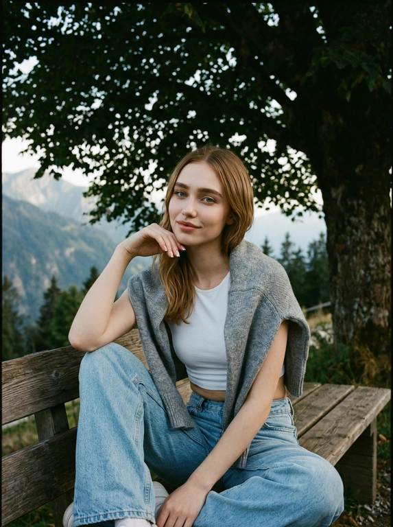 Экстремально крупный план по пояс. Женщина днём сидит на лавочке под деревом на горе. Одета в короткий белый топ и светлые джинсы оверсайз, на плечи накинут серый свитер. Фото слегка смазанное. Кинематографический эффект с добавлением зерна. Ногти френч квадрат. С лёгкой улыбкой. Кожа идеальная, подсвеченная. Не меняй черты лица. Фото затемнено.