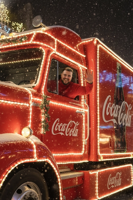 Изображение показывает часть красного грузовика Coca-Cola, украшенного множеством белых огней.

Кабина грузовика ярко-красная, с логотипом "Coca-Cola" на передней части. На кабине есть несколько круглых фар. За рулем в кабине сидит человек в красном свитере с горловиной. Одной рукой махает в знак приветствия. Выражения лица счастливое и улыбчивое. Огни гирлянды  очерчивают контуры грузовика, подчеркивая его форму. На кабине видны следы снега.

Кузов грузовика имеет большие панели с надписью "Coca-Cola". Эти панели также очерчены белыми огнями.

Ракурс нижний. Камера ниже объекта съёмки. Средний план (medium shot).

Мягкий снег падает. Атмосфера — реалистичная, теплая и кинематографичная. Сияющие рождественские огоньки и украшения создают яркую теплую атмосферу. Разрешение 8K, акцент на текстуры объектов, снег и сверкающие огоньки на заднем фоне. —ar 3:4 —v.

Не меняй черты лица. 