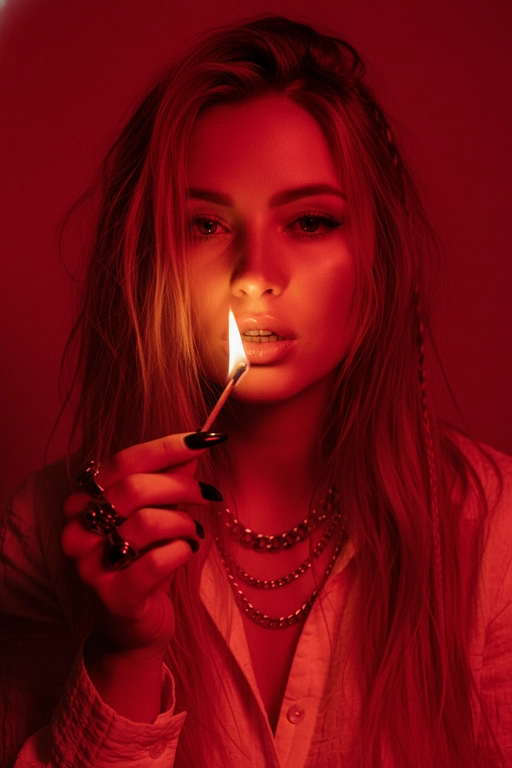 Используйте черты лица, как на прилагаемой фотографии.
смелый, кинематографичный портрет женщины, залитой темно-красным светом, которая подносит к губам зажженную спичку. Теплый отблеск пламени подчеркивает ее блестящие губы и создает эффектный отблеск на коже.
ее выражение ее лица напряженное и пленительное, обрамленное взъерошенными волосами, которые свободно ниспадают на лицо. На ней светлая рубашка и многослойные украшения, в том числе металлическая цепочка и крупные кольца. На ее длинных черных ногтях отражаются едва заметные блики света, усиливая мрачную, чувственную атмосферу. Красный фон и сдержанные тени придают глубину и визуальное напряжение, создавая эффектный образ в редакционном стиле.

Настройки камеры: iso 400, диафрагма f/2.0, выдержка затвора 1/160 сек, объектив 85 мм, ручная фокусировка, баланс белого 2800k, коррекция экспозиции -0,3 ev, подсветка одиночным пламенем с красной заливкой, минимальная зернистость, кинематографическое высококонтрастное освещение с плавными тональными переходами.