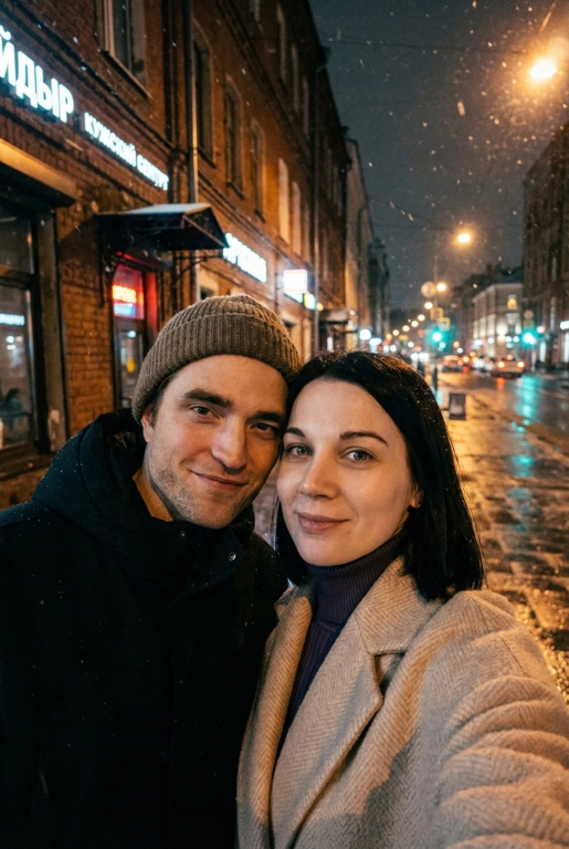 Спонтанное POV селфи людей на переднюю камеру iphone с близкого расстояния, глядя прямо в камеру. Сам телефон не виден. Ночь, зима, переулок в Москве. Фото темное, смазанное и реалистичное. Селфи с Робертом Паттинсоном