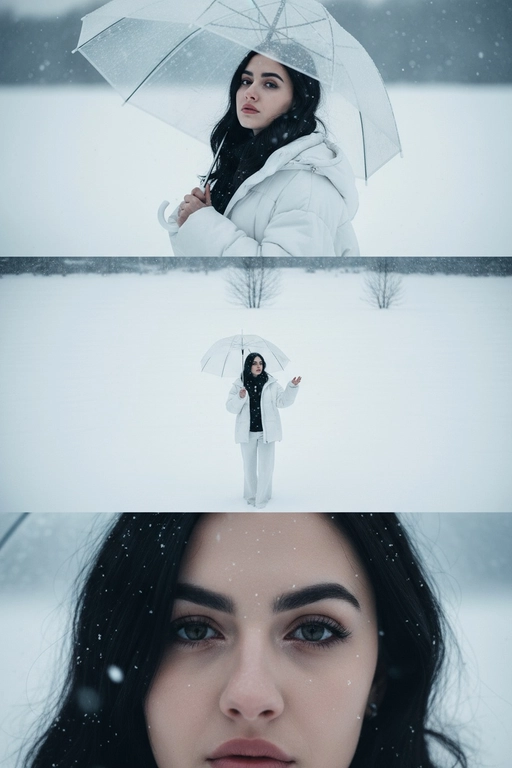 Создай вертикальный кадр, разделённый на три горизонтальных изображения одинакового размера, расположенных рядом. Главный персонаж основан на референсном лице, причёске и фигуре: фигура с выражением грусти и ностальгии, с глубокими глазами, излучающими одиночество. Наряд представляет собой свободный белый зимний пуховик, широкие брюки и чёрный шарф. Общая атмосфера утопает в белом снеге, холодная цветовая палитра навевает меланхолию и одиночество. Изображение 1 (портрет): Персонаж держит прозрачный зонт, слегка откинув голову назад и глядя прямо в кадр через плечо. Выражение лица печальное, взгляд проникновенный. Фон размыт снежной белизной. Изображение 2 (в полный рост): Персонаж с зонтом стоит один на бескрайнем заснеженном поле, идя и глядя в небо. Камера направлена ​​сверху вниз, как будто персонаж поднимает руку, чтобы поймать падающие снежинки. Вдали виднеются несколько голых деревьев без листьев. Сцена передаёт ощущение ничтожности и изолированности на фоне бескрайности природы. Изображение 3 (крупный план): Увеличенный кадр глаз персонажа с отстранённым, печальным взглядом, вызывающим чувство одиночества и тоски.