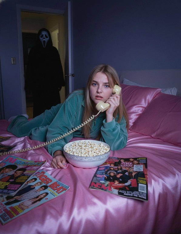 Сделай фото не искажая лица - оно должно оставаться такими же, как на приерепленной фотографии, эстетика Y2K, сцена из фильма "Крик" 90-х. Персона лежит на кровати, застеленной атласными простынями розового цвета. Персона прижимает к уху старинный стационарный телефон кремового цвета со смотанным шнуром. Рядом с ней стоит миска, наполненная попкорном, и несколько разбросанных подростковых журналов 90-х годов. На заднем плане, в темном дверном проеме коридора, в тени скрывается зловещая фигура Ghostface, его маска частично скрыта, он наблюдает за ней.