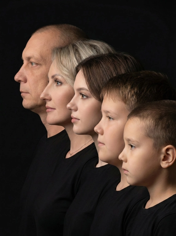 Профессиональный студийный портрет с низким контрастным светом. Головы расположены строго в одну линию. боковой профиль, взгляд влево. У всех видны только головы и немного плечи. Головы занимают весь кадр. Черный фон. Черная одежда у всех. Расположи их по убыванию возраста.