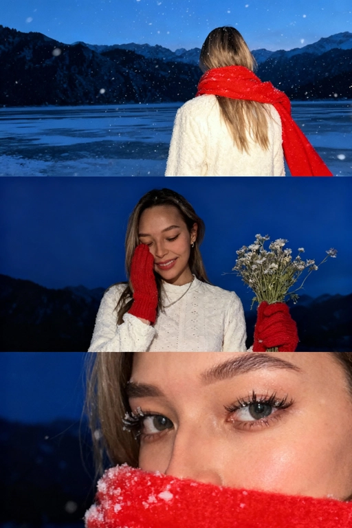 Создай коллаж не меняя черты лица. Кинематографический зимний коллаж из трёх кадров: девушка на фоне заснеженных гор и замёрзшего озера, мягкий вечерний свет, холодно, падает снег. На ней белое шерстяное пальто и ярко-красный шарф, в руках букет зимних полевых цветов. Первый кадр — со спины, её волосы и красный шарф выделяются на фоне темно-синего неба и гор; второй кадр — человек стоит на фоне темно-синего неба, улыбается, смотрит вниз, в одной руке букет, второй рукой прикрывает лицо. На руках красные вязаные перчатки. атмосфера лёгкости и свежести. на ней белое шерстяное пальто и ярко-красный шарф; третий кадр — очень крупный портрет на фоне темно-синего неба, взгляд в камеру, на ресницах снег, мягкий румянец, естественный макияж. Видно часть шарфа. Акцент на глаза. Настроение — романтичное, зимнее, немного меланхоличное, стиль — реалистичный, кинематографический, контраст белого снега и красных акцентов. Все фото сделаны ночью со вспышкой. Пленочная фотография.