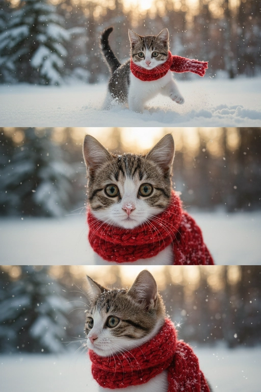     Коллаж из 3-Х фото моего питомца на зимнем фоне в снегу. Питомец в вязаном шарфе, вокруг падает снег, на заднем плане заснеженный лес.

Первый кадр — питомец в полный рост. Он играется со снегом 

Второй кадр — крупный план, увеличенный кадр мордочки питомца с одной снежинкой на носике. Мордочка питомца занимает весь кадр, взгляд прямо в камеру 
 
Третий кадр - портрет питомца, он смотрит в левую сторону. На фото виден шарф, на шарфу есть снежинки 

Три кадра объединены в вертикальный коллаж в едином тоне и свете. Атмосфера — реалистичная, теплая и немного кинематографичная.
Свет мягкий, утренний.  Цвет шарфа - красный 