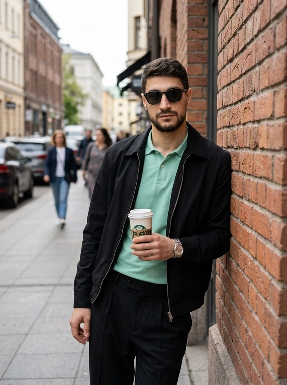 Кинематографический портрет человека в городской обстановке, стоящего у стены и расслабленно опирающегося на неё спиной. Он держит в руке стакан с кофе из "Starbucks" и смотрит в сторону камеры. На запястье стильные часы, на лице тёмные солнцезащитные очки. Естественный городской свет, мягкие тени, атмосферная уличная сцена, фотореализм, высокая детализация, кинематографическая глубина резкости.

Какая будет одежда?: На нём чёрная куртка с расстёгнутой молнией, под ней мятная футболка-поло, чёрные брюки с лёгким складом.