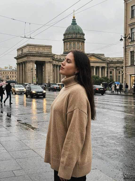 Максимально реалистичная уличная фотография в Санкт-Петербурге после дождя. 

Модель стоит на мокром тротуаре перед Казанским собором. Кадр выглядит как случайная фотография, сделанная прохожим: модель находится чуть правее центра, а собор с куполом и колоннадой крупно заполняет задний план. Над улицей видны провода, по дороге проезжают автомобили, вокруг идут прохожие с зонтами. Мокрый асфальт отражает фары, светлое небо и городские здания.

Поза полностью естественная и спокойная: модель стоит вполоборота к камере, корпус слегка развёрнут в сторону улицы, плечи расслаблены, руки свободно опущены вдоль тела. Голова мягко запрокинута назад и немного повёрнута в профиль. Глаза закрыты, подбородок слегка приподнят, губы расслаблены. Выражение лица спокойное, будто модель на секунду остановилась и почувствовала прохладный воздух после дождя.

Камера расположена примерно на уровне груди модели, съёмка ведётся с небольшого расстояния. Средний план до середины бёдер. Используется умеренно широкий угол, поэтому в кадре одновременно хорошо видны модель, мокрая улица, автомобили, прохожие и архитектура собора. Фон не размывать. Допустима только лёгкая естественная мягкость из-за дождливой погоды и движения городского транспорта.

Освещение пасмурное, ровное и рассеянное, без жёстких теней. Лицо освещено мягко и естественно. На коже сохраняется натуральная текстура с видимыми порами, без ретуши, пластикового эффекта и бьюти-фильтров.

Цветокоррекция приглушённая и плёночная, с преобладанием серо-коричневых, оливковых, бежевых и глубоких бордовых оттенков. Небо светло-серое, камень собора тёплый и немного выцветший, мокрая дорога холодная и графитовая. Мягкий контраст, слегка поднятые чёрные, приглушённые светлые участки, естественная зернистость и лёгкая винтажная фактура.

Снято на iPhone 17 Pro в формате RAW, вертикальный кадр 3:4, документальная городская фотография, случайно пойманный момент, реалистичные пропорции, натуральная перспектива, лёгкое плёночное зерно. Без HDR, без искусственного глянца, без чрезмерной резкости, без кинематографического синего оттенка, без CGI и без AI-эффекта.


Какая будет одежда?: Объёмный кашемировый свитер глубокого оттенка шампань с высоким мягким воротом и длинными свободными рукавами, которые слегка закрывают кисти. Плотная фактурная вязка красиво выглядит в мягком пасмурном свете и создаёт ощущение тепла на фоне прохладного дождливого города.

Доп. характеристики: среднее телосложение, длинные прямые волосы