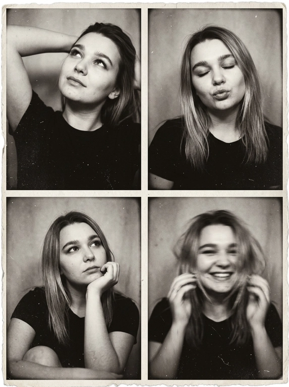 Photorealistic black-and-white vintage photobooth collage made of four frames in a 2x2 grid, separated by thin black dividers and surrounded by a slightly uneven paper border. Each frame shows the same woman in an intimate studio/photobooth setting against a plain light backdrop, captured with an authentic analog look: heavy film grain, soft contrast, halation, dusty scan artifacts, subtle scratches, and mild vignetting. Overall feel: 1990s/ early-2000s editorial photobooth print, raw and unretouched, candid "caught-between-moments" mood.
Use the uploaded photo as the basis and preserve the woman's face, makeup, likeness, and all original features without changing proportions or shape; keep natural facial micro-detail, pores, and subtle asymmetry, preserve the original head size.
Frame 1 (top-left): tight close-up, head tilted up and to the left, eyes looking upward, one arm raised behind the head, dreamy
Frame 2 (top-right): medium close-up, eyes closed, head slightly tilted, she subtly pushes/pouts her lips forward to show them (soft pout), calm playful mood; hair framing the face.
Frame 3 (bottom-left): medium close-up, seated with knees softly out of focus at the bottom, chin resting on one hand, gaze looking up to the right, thoughtful expression.
Frame 4 (bottom-right): medium close-up, the woman is laughing, but the frame is strongly blurred-heavy motion blur/defocus as if she moved during the shot; smile and face still recognizable, edges smeared, hair and hands noticeably streaked, imperfect photobooth misfire energy.
Print/scan look: monochrome with warm gray tones, slightly faded blacks, uneven exposure between frames, faint light leaks, paper texture visible, edges not perfectly straight, like a scanned photobooth print. High resolution, but intentionally imperfect, analog realism.

Доп. характеристики: Что бы была чуть похудение на лицо и губы чуть попухлее и что б была черная футболка