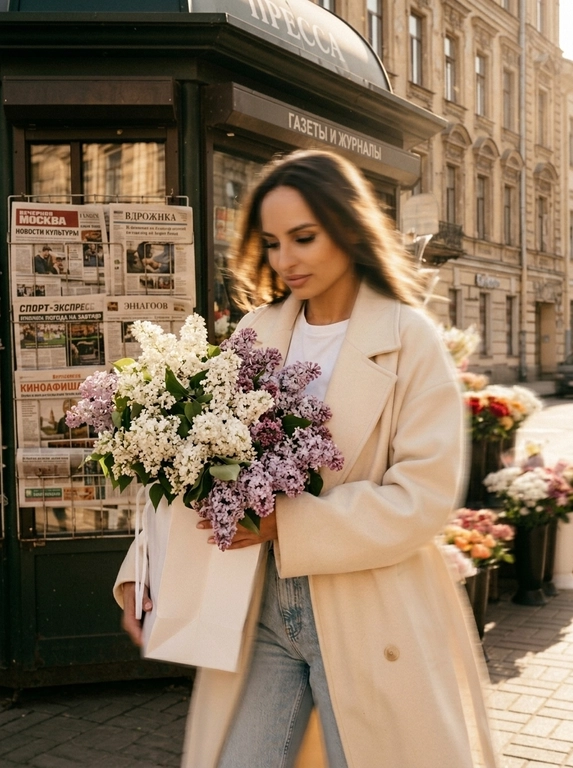 Создай фото, не меняя черты лица и цвет волос. Фотореалистичный уличный кадр, высокая детализация. Фон — старый киоск с газетами, здания, цветочные киоски. Кинематографический эффект с добавлением плёночного зерна, фото на камеру Kodak. Освещение — карамельные оттенки, тёплые солнечные лучи; лёгкая пыльца отражается в лучах света. Весенний день. Модель повернута чуть спиной к камере, с лёгким поворотом головы в сторону камеры, без искажений её черт лица; взгляд на букет кокетливый. На руке у неё висит белый бумажный пакет; из пакета выглядывают пышные соцветия белой и сиреневой сирени — их много, очень объёмные шапочки. Одежда — элегантное оверсайз-пальто кремового цвета со спущенным плечом и лацканами на плечах и рукавах, светло-голубые джинсы и белая облегающая майка. Ракурс — уровень улицы, чуть заниженный угол, чтобы подчеркнуть масштаб фотографии. Фото в движении: намеренное смазывание волос для ощущения динамики. Эффект движения максимальный — сверхдлинная выдержка, экстремальный motion blur, сильное смазывание. Макияж — длинные ресницы, нюдовые губы, контуринг, чёрные стрелки. Общий тон кадра — романтичная, задумчивая и элегантная атмосфера, лёгкая полуулыбка на лице; фотореализм, высокое разрешение.
