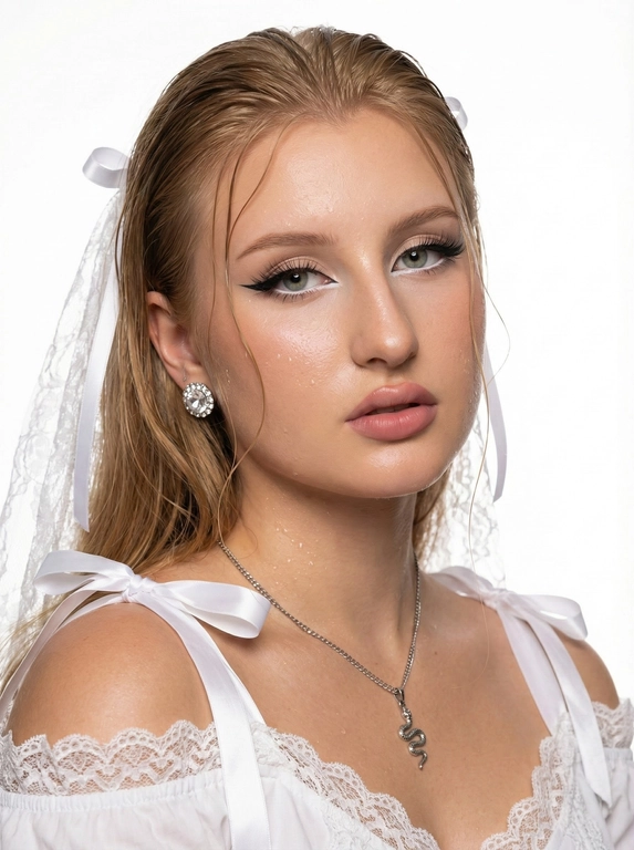   Фотореализм, экстремальный крупный план лица и плеч: молодая женщина с тёплой кожей, длинные густые волосы гладко зачёсаны назад, тонкие влажные пряди у лица, белые ленты и тонкая кружевная вуаль; ясные глаза, чёрные стрелки и белая подводка во внутренних уголках, густые ресницы, аккуратные брови; полные приоткрытые губы с розово‑нюдовым матовым тоном; влажный глянец кожи/капли пота; крупные серебристые круглые серьги с кристаллами; белая открытая блуза с кружевной отделкой и сатиновыми бантиками на плечах; чистый белый фон, жёсткая фронтальная вспышка, сильные спекуляры и контрастные тени, взгляд прямо в камеру, лёгкий наклон головы; студийная бьюти‑съёмка, высокая резкость, 85mm f/8 ISO100; негатив: текст, логотипы, водяные знаки, артефакты, размытие, искажения, плохая кожа, шум, пересвет.