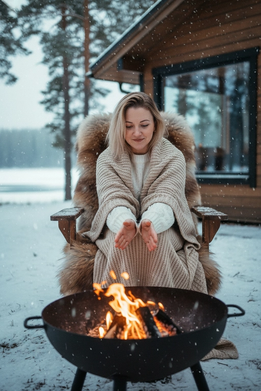 Создайте портрет в кинематографическом стиле с эффектом зерна, человек сидит на улице зимой на деревянном стуле, на стуле шкура меховая коричневая. Идёт легкий снег. человек в белом вязанном свитере и сверху накинут плед бежевый большой. 
На фоне деревянный дом с панорамным окном, озеро частично видно и высокие сосны. 
Перед человеком на переднем плане костровая чаша с огнем не в фокусе.
Греет руки над огнем.