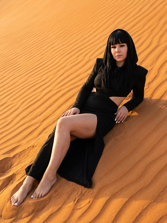A hyper-realistic fashion photo of a woman reclining on the slope of a rippled orange sand dune during golden hour. Full-body shot, the entire body visible from head to toes, both feet fully visible, no cropping, low angle, her body placed diagonally across the dune, leaning back on one arm while the other hand rests naturally near her thigh. One leg is extended, the other slightly bent through the high slit of the skirt. She looks directly into the camera with a calm, confident expression. She wears a dramatic black hooded outfit with structured shoulders, fitted long sleeves with thumbholes, a waist cutout, and a long skirt with a high slit. Minimal dewy makeup, clean white manicure, natural skin texture, realistic pores, no plastic skin, no CGI. Warm golden-hour light, soft sun glow, gentle shadows, detailed sand texture, realistic fabric folds, cinematic but natural atmosphere. Shot on Canon EOS R, 24-70mm lens, sharp focus, ultra-realistic editorial photography.

Доп. характеристики: 77кг рост 1.61см