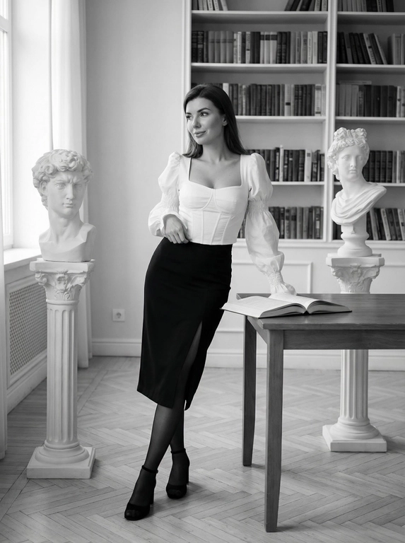  Взрослая девушка европейской внешности, около 30 лет, с аккуратной прической, одетая в белый топ, черную юбку миди с разрезом и черные копроновые чулки и черные туфли на каблуке. Сохрани лицо и черты лица с оригинального фото на 100%. Стоит и опирается на открытую книгу, ее взгляд направлен в сторону. На лице спокойное выражение, слегка лукавое. Рядом с ней находятся два мраморных бюста.
Интерьер кабинета. Стены светлые, на заднем плане стеллаж с книгами. На полу светлый паркет. Два мраморных бюста стоят на пьедесталах. Создается ощущение уединенности и спокойной атмосферы.
Чёрно-белая аналоговая фотография, классический портрет. Преобладает высокая детализация и контраст, придающие изображению глубину и драматизм.
Мягкий, рассеянный свет, вероятно, из окна, создающий плавные тени. Общее освещение хорошо подчеркивает текстуру тканей и мрамора. Средний план, композиция симметричная. Объект находится в центре кадра. Камера установлена на уровне глаз. Использование глубины резкости подчеркивает главного героя и детали интерьера.
