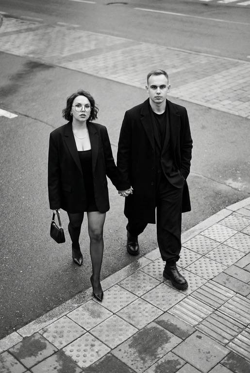 Черно-белая художественная фотография, ультрареализм, 8K, профессиональная съёмка; (оба): в кадре мужчина и женщина; каждый персонаж жёстко привязан к своему загруженному референсу, лица используются напрямую, без генерации, усреднения, подмены или смешения. Вид сверху под углом. Они идут по городской улице, держась за руки; шаг в движении, эффект «пойманного кадра». Смотрим вверх в камеру, выражение спокойное, уверенное, отстранённое.
Полностью чёрные образы modern classic: женщина — оверсайз-пиджак, короткое платье/юбка, плотные колготки, остроносые каблуки, маленькая сумка; мужчина — длинное пальто, свободный костюм, массивные ботинки.
Фон: асфальт, плитка, тактильная дорожка, геометрия.
Контрастный свет, мягкие тени, высокая детализация тканей.
Стиль: black & white, cinematic, high fashion, editorial, minimalism, street photography.
Качество: ultra high resolution, sharp focus, film grain, без ретуши.

