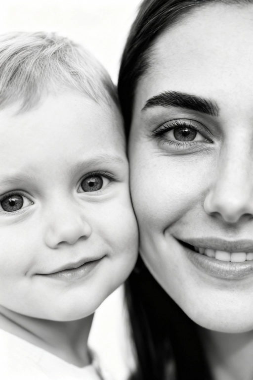 Сверхреалистичная черно-белая художественная фотография 8K женщины и ребенка, снятая очень крупным планом, щека к щеке так что видны только правая половина лица женщины и левая половина лица ребенка. которые смотрят в камеру. Их лица расположены рядом, почти соприкасаясь, образуя идеально сбалансированную симметричную композицию. Каждая деталь передана с фотографической точностью: тонкая текстура кожи и плавные градиенты света и тени. Видимая половина женщины включает ее бровь, один глаз , часть ее носа, щеку и губы, слегка приоткрытые в нежной, естественной улыбке, Видимая половина ребенка включает один глаз , круглую мягкую щеку, часть носа и небольшую улыбку, Фон белый и слегка размытый, что подчеркивает эмоциональную близость между ними. Освещение мягкое и рассеянное, создает деликатный контраст и тональную глубину. На снимке запечатлены нежность, близость и связь между матерью и ребенком, запечатленные с потрясающей реалистичностью. Не меняй черты лиц. 