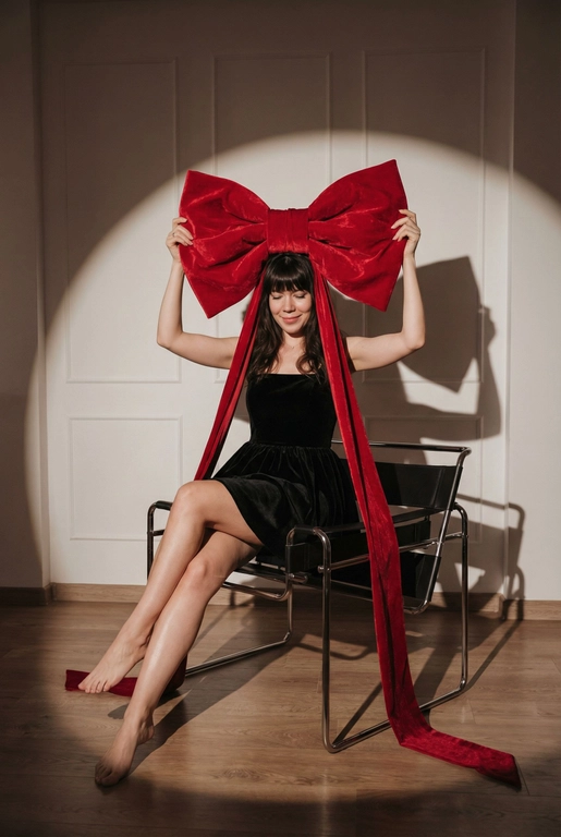 Создай фэшн-фото человека крупным планом до колен, позирующего на стуле под направленным светом прожектора на фоне стены с лепниной, как на референсном изображении. Черты лица, пол, комплекция, возраст и цвет волос должны быть такими же, как на референсе. Драматичное сценическое освещение с выраженным световым пятном и мягкими тенями. Человек сидит уверенно и расслабленно. Одна нога на сидении,  другая на полу. В руках человек держит очень большой красный бархатный бант над головой — жест выглядит игриво и символично, создавая ощущение, что человек сам является подарком. У банта длинные ленты («ножки»), которые свободно и естественно ниспадают вниз. Взгляд направлен немного в сторону, мягкая улыбка. Общая атмосфера: high-fashion, новогодний гламур, рождественское настроение. Стиль журнальной съёмки, кинематографичный свет, высокая детализация, чистая композиция, профессиональная студийная фотография. На человеке короткое черное бархатное мини-платье с пышной юбкой и прямым лифом.