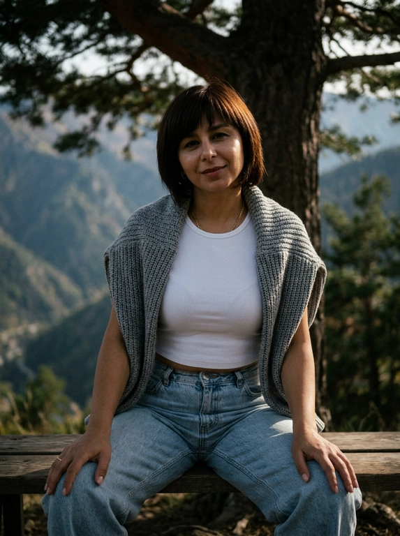 Экстремально крупный план по пояс. Модель днём сидит на лавочке под деревом на горе. Одета в короткий белый топ и светлые джинсы оверсайз, на плечи накинут серый свитер. Фото слегка смазанное. Кинематографический эффект с добавлением зерна. С лёгкой улыбкой. Кожа идеальная, подсвеченная. Не меняй черты лица. Фото затемнено.